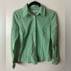 Tommy Hilfiger Button Down 100% Cotton Green White Checker Blouse Small Petite